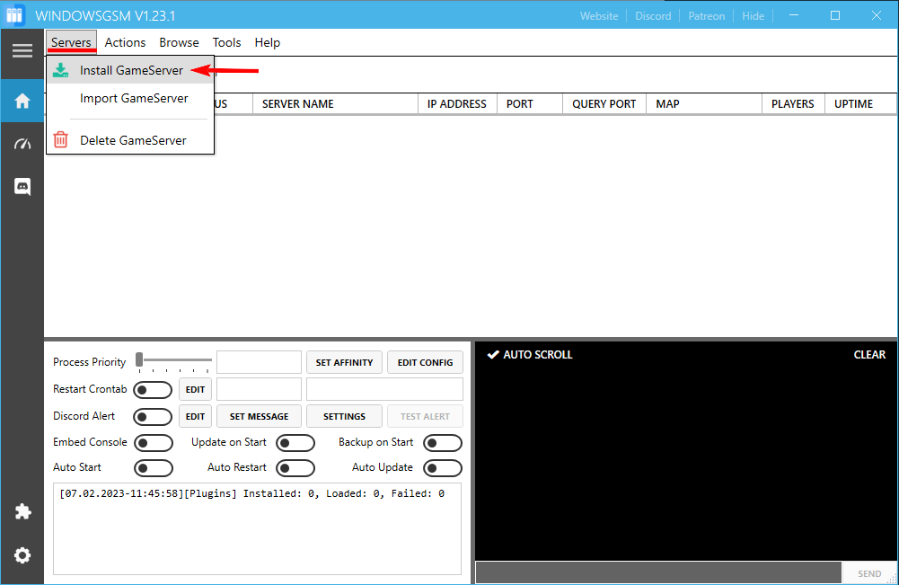 Установка панели WindowsGSM