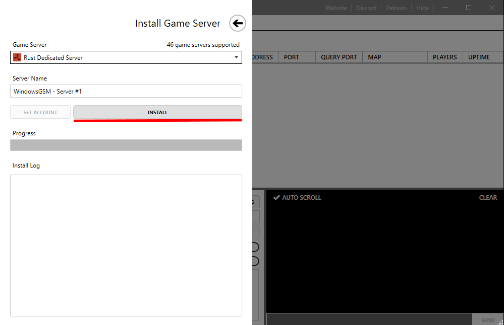 Установка панели WindowsGSM