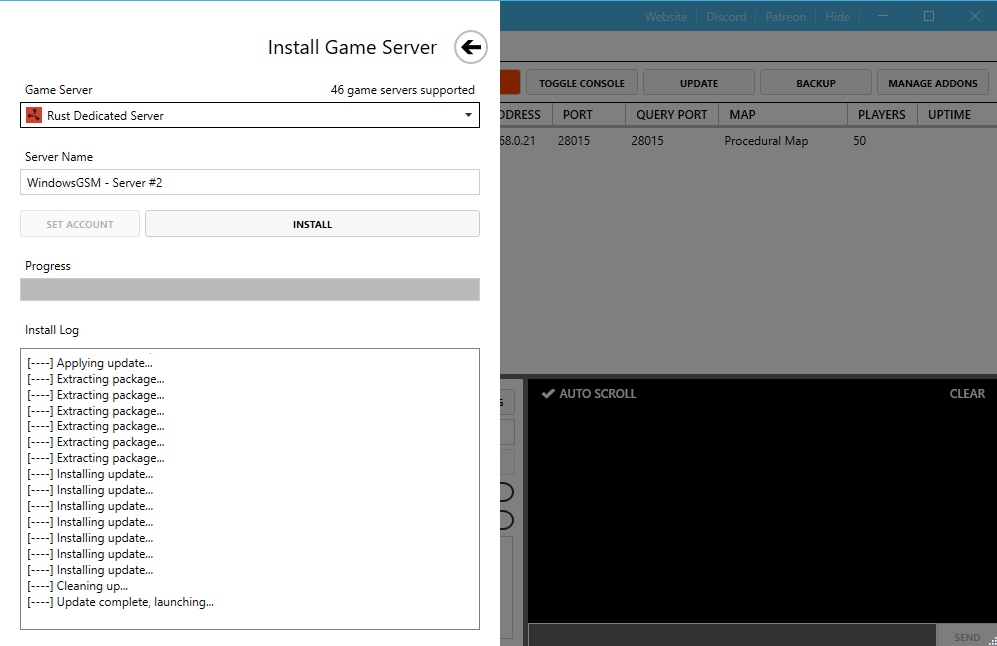 Установка панели WindowsGSM