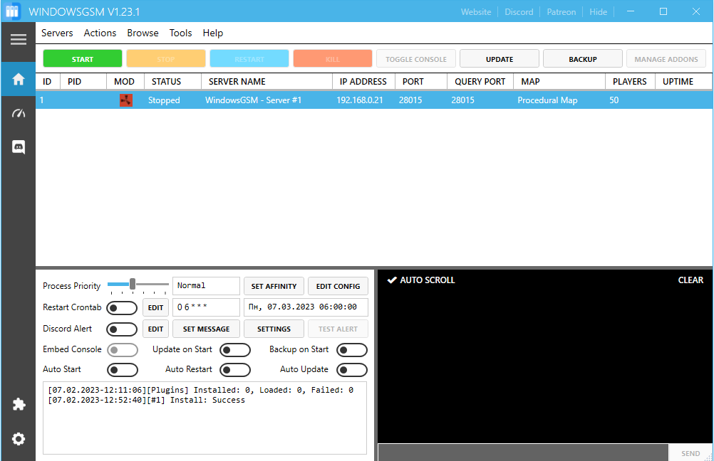 Установка панели WindowsGSM